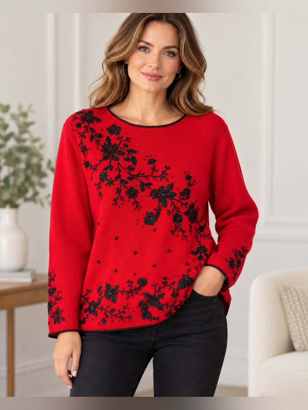 Vintage Tiara Petites Red Black Floral Beaded Ramie Cotton Sweater PL
